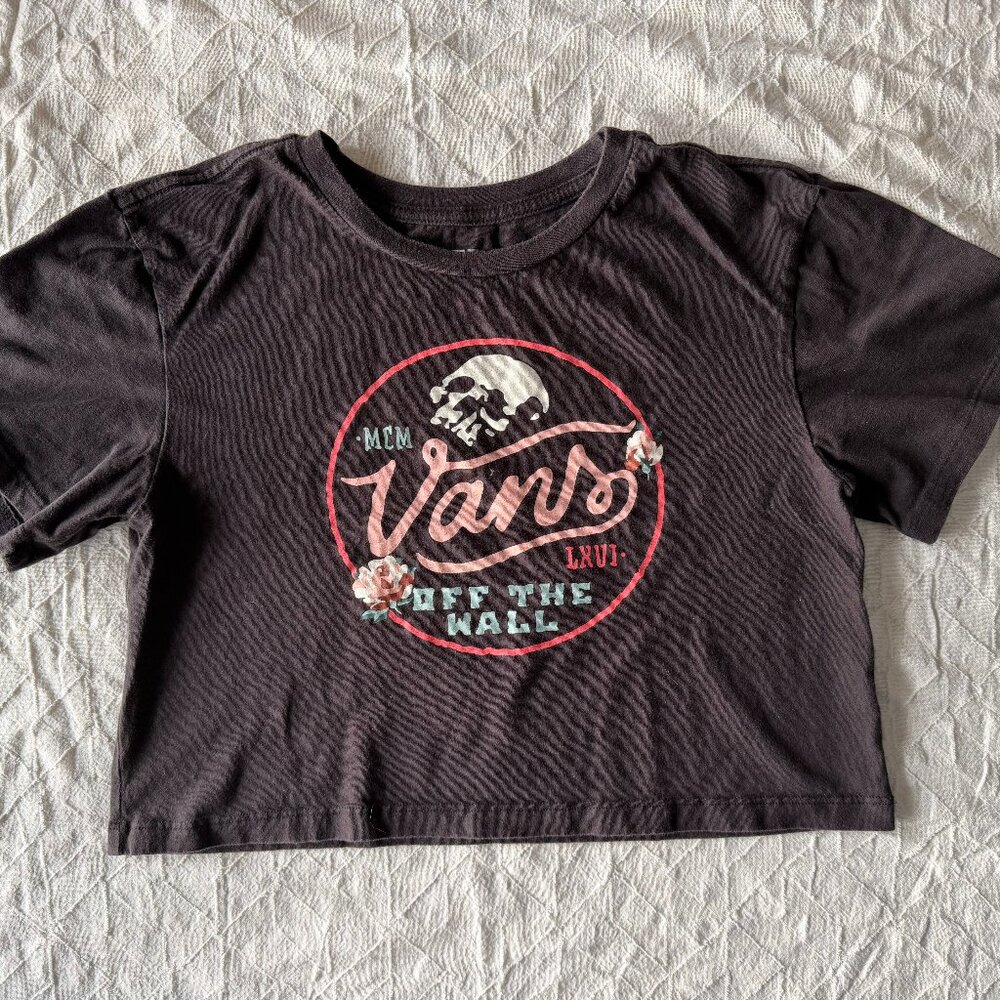 Vans "Off The Wall" Floral Circle Logo Cropped Graphic Tee - Black - Size XS